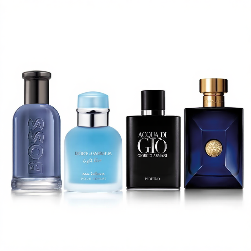 Kit Mediteranean Proaspăt: Giorgio Armani Acqua di Giò Profumo + Dolce & Gabbana Light Blue Intense + Versace Dylan Blue + Hugo Boss Bottled Infinite